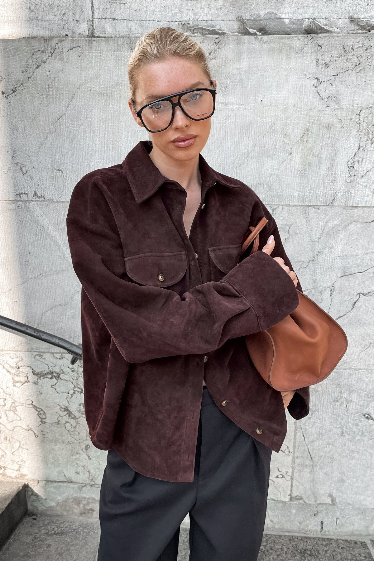 Brown Suede Loose Blazer Coat