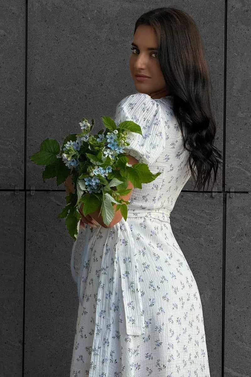 Floral V-Neck Puff Sleeve Wrap A-Line Midi Dress 12