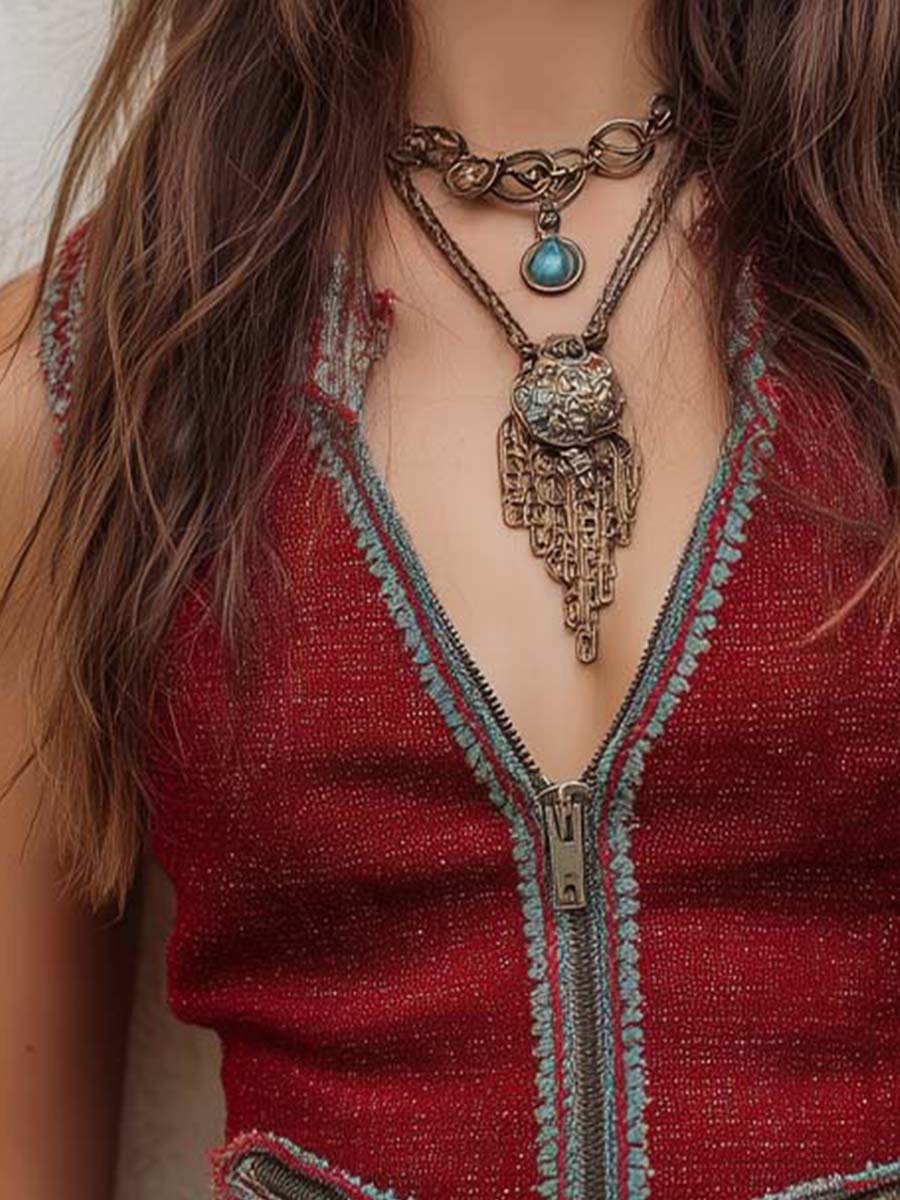 Bohemian Floral Contrast Trim Zip-up Vest - Fashionpara