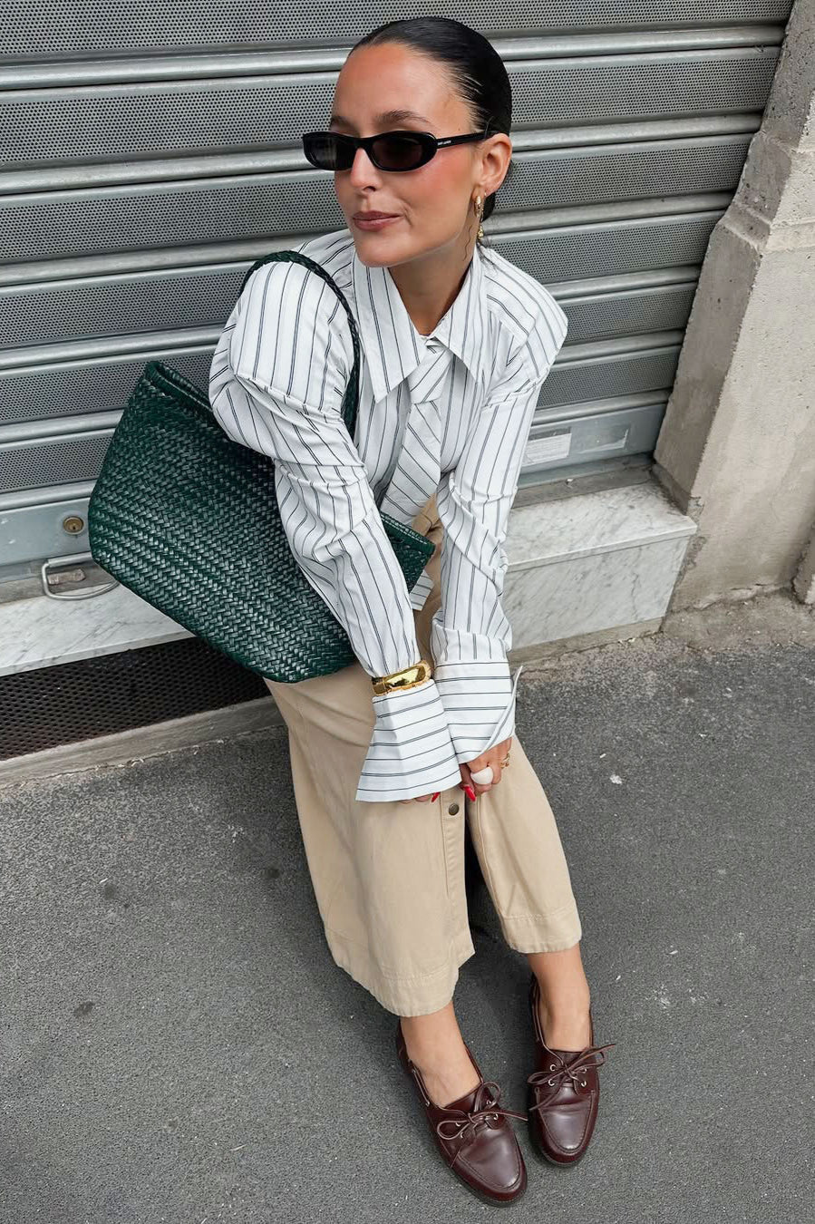 Striped Tie Shoulder Pad Smart Blouse