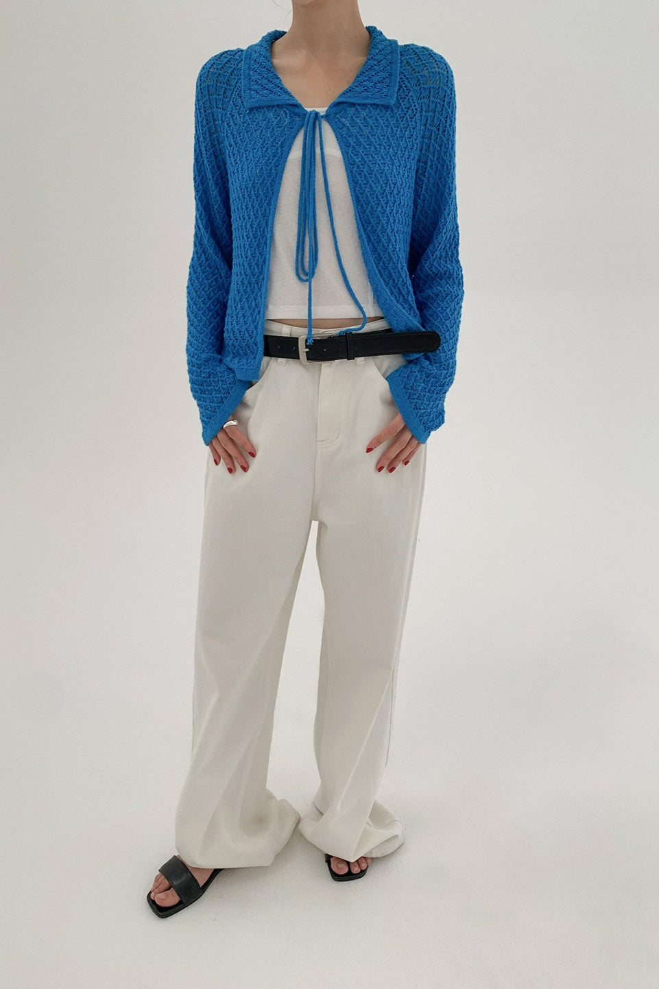 Hollow-Out Long Sleeve Tie-Waist Knit Cardigan for Style