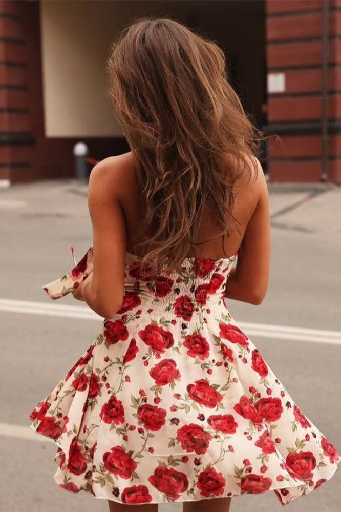 Rose Floral Halter Neck Fit and Flare Mini Dress
