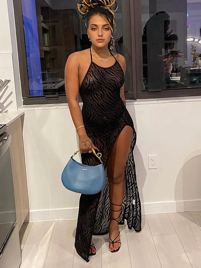 Sheer Mesh Burnout Halter Backless High-Slit Maxi Dress 5