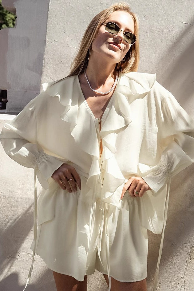 V Neck Relaxed Ruffle Blouse