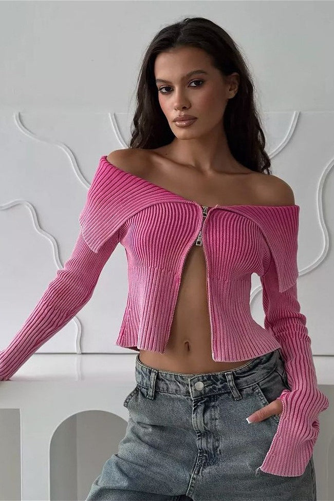 Off Shoulder Zipper Fitted Knit Blouse