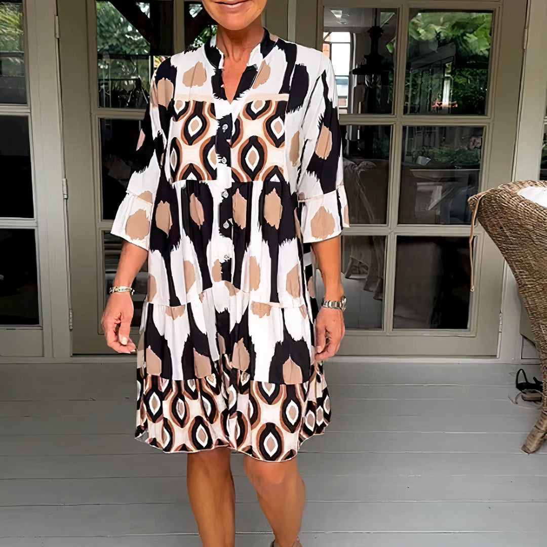Tiered Mandarin Collar Button Front Three Quarter Sleeve Dress
