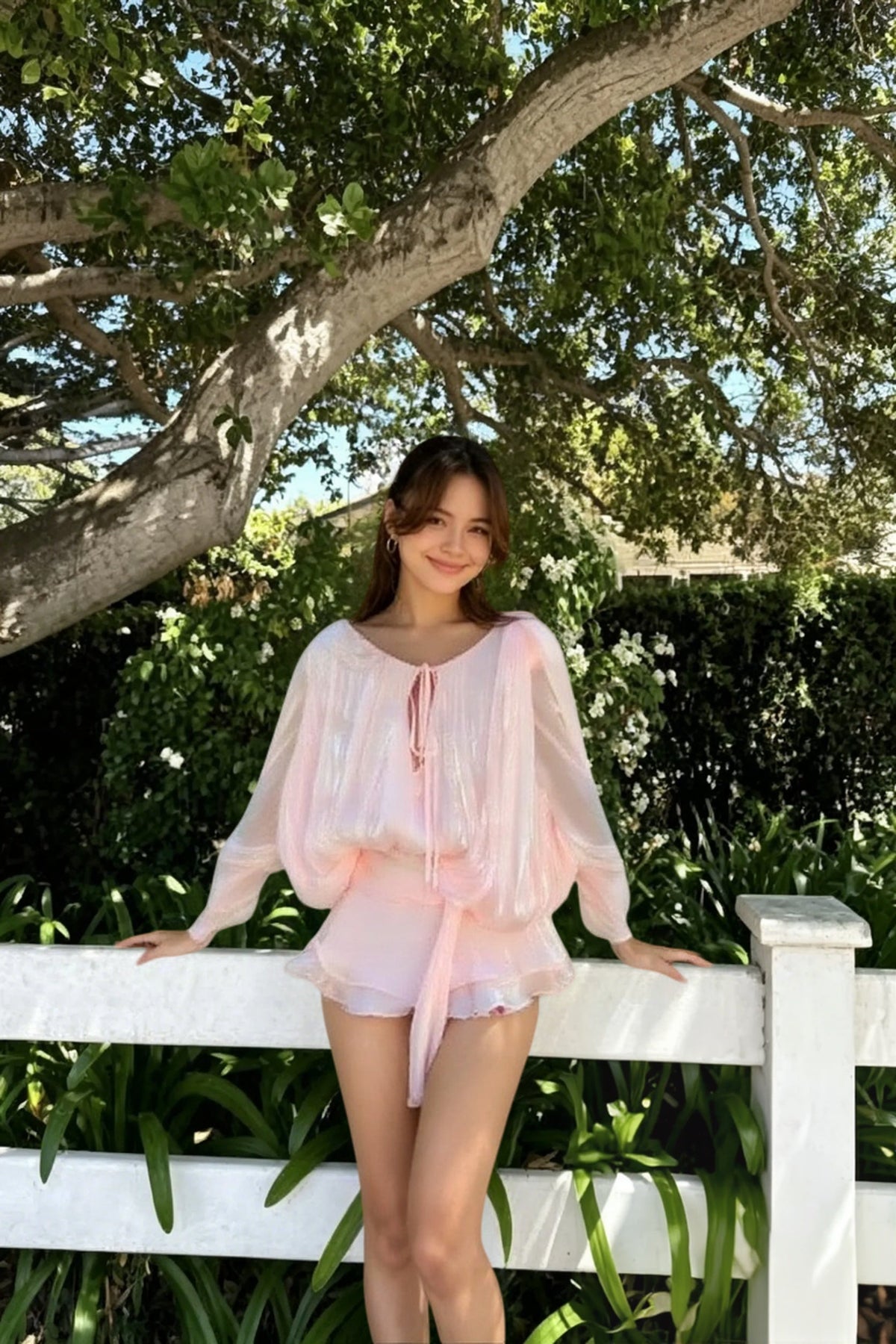 Sheer Metallic Balloon Sleeve Tie-Front Playsuit
