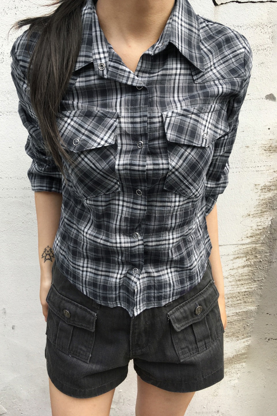 Retro Utility Checkered Blouse
