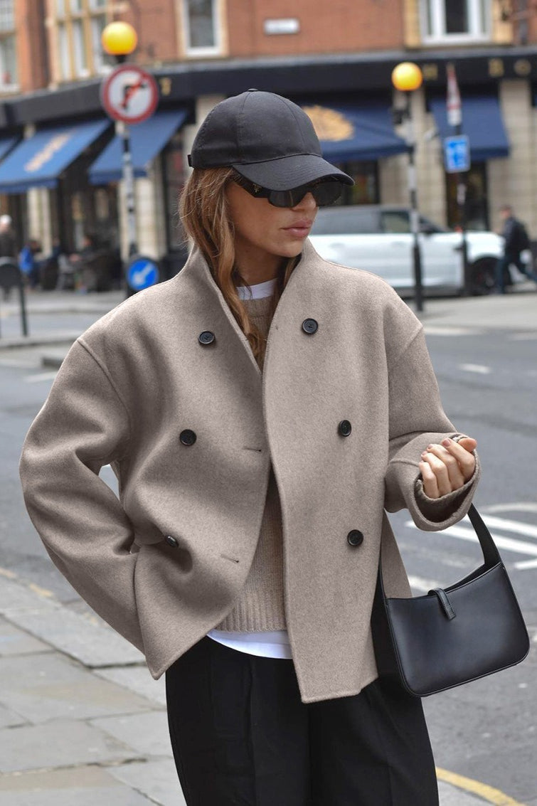 Double Breasted Stand Collar Wool Blend Jacket