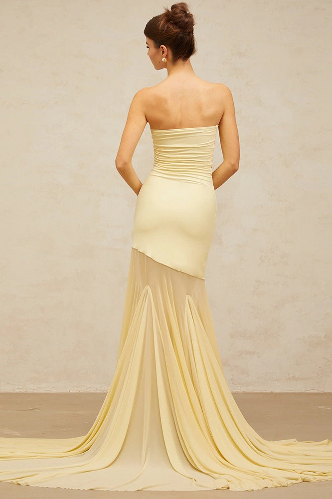Strapless Ruched Mesh Fishtail Bodycon Maxi Dress 4