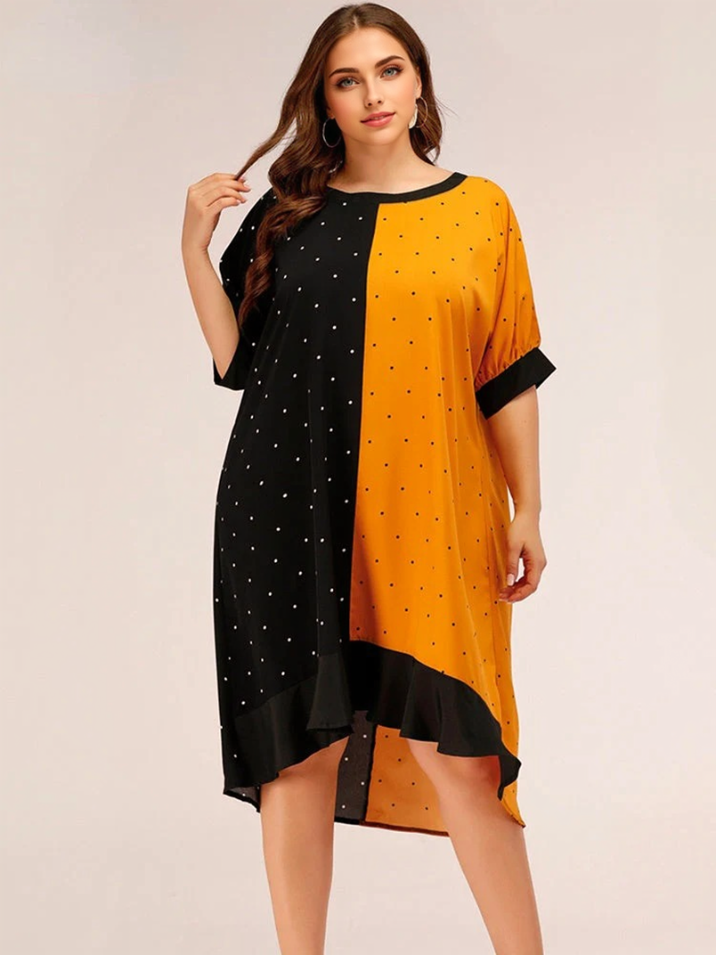Contrast Color Round Neck Dot Ruffle Hem Dresses