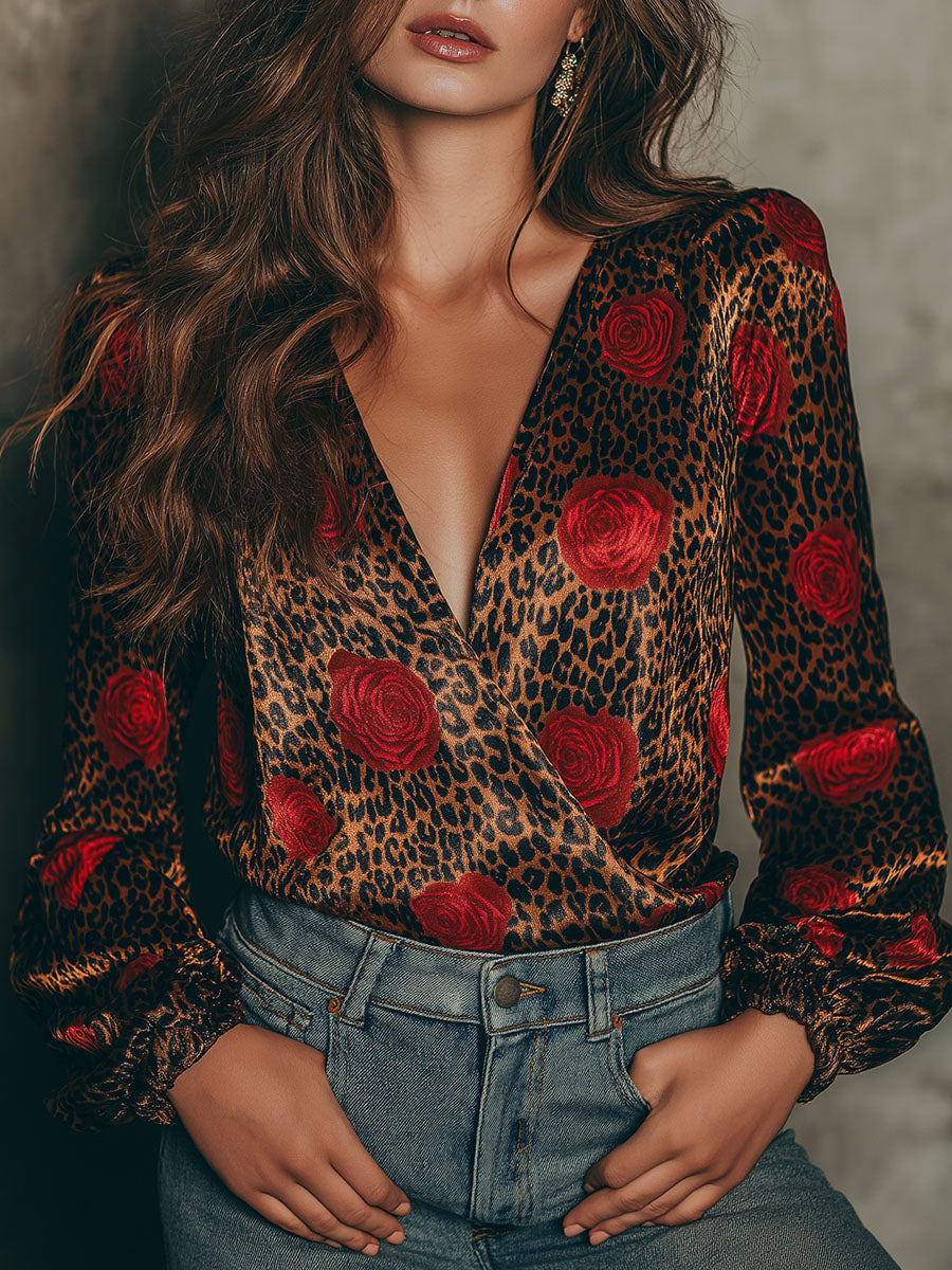 Elegant Rose Pattern And Leopard Print Satin Wrap Blouse - Fashionpara