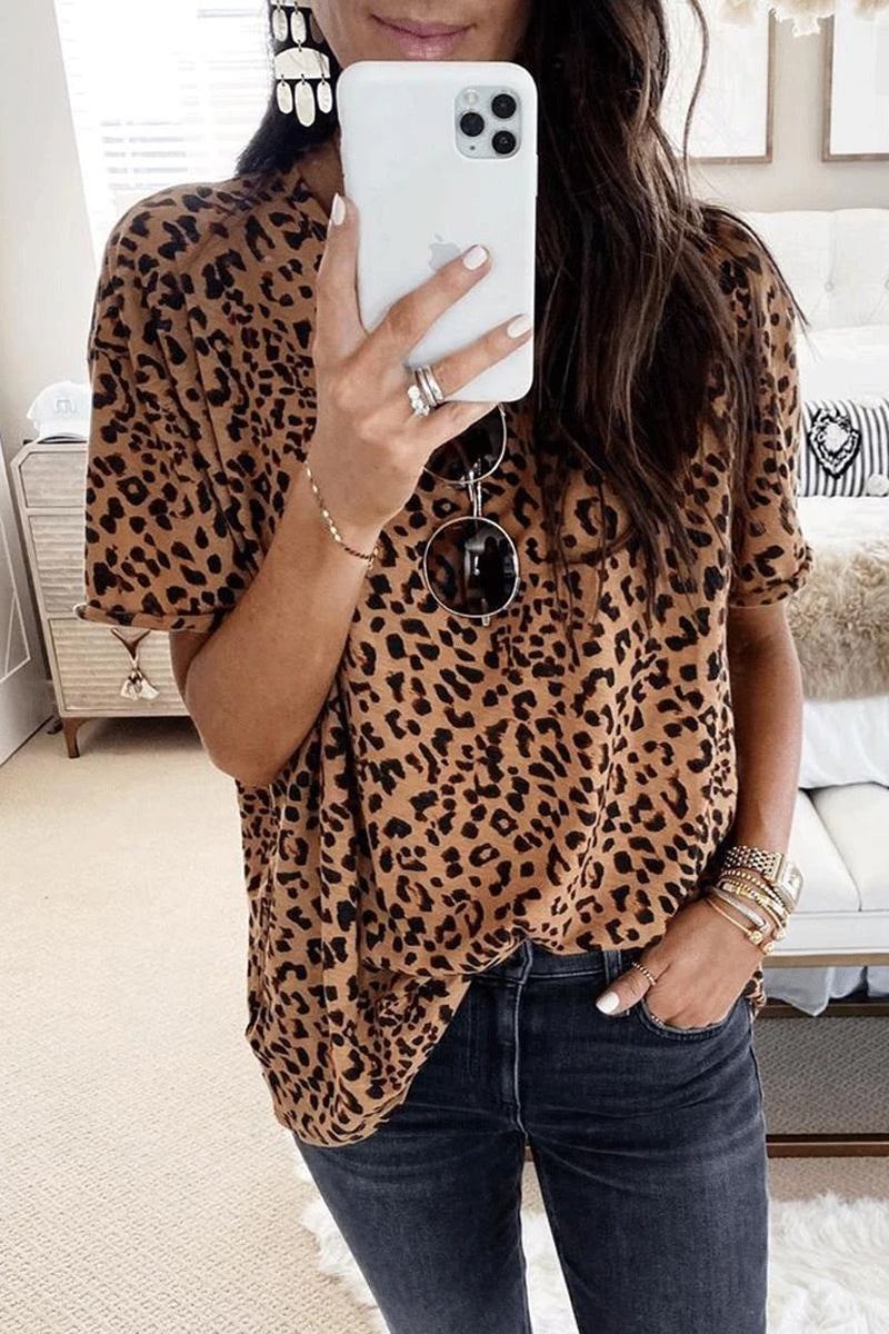 O Neck Daily Basic Leopard Print Brown T-shirt Fashionpara