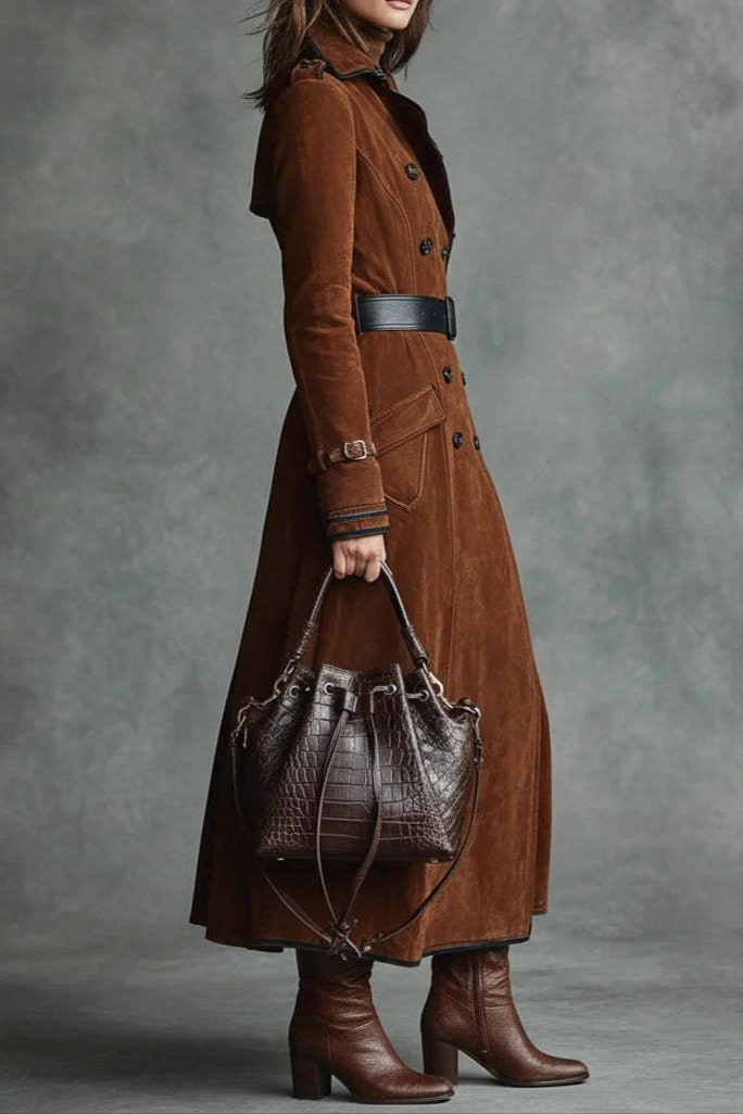 Suede Lapel Western Long Stylish Overcoat - Fashionpara