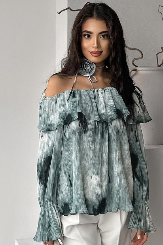 Tie Dye Off Shoulder Flare Sleeve Blouse - Fashionpara