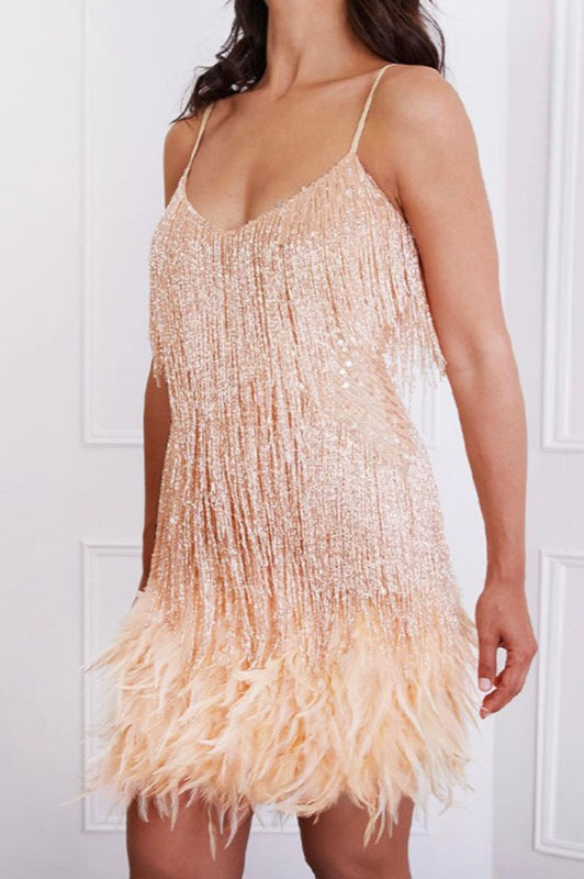 Sequin Fringe Spaghetti Strap Feather Hem Mini Dress