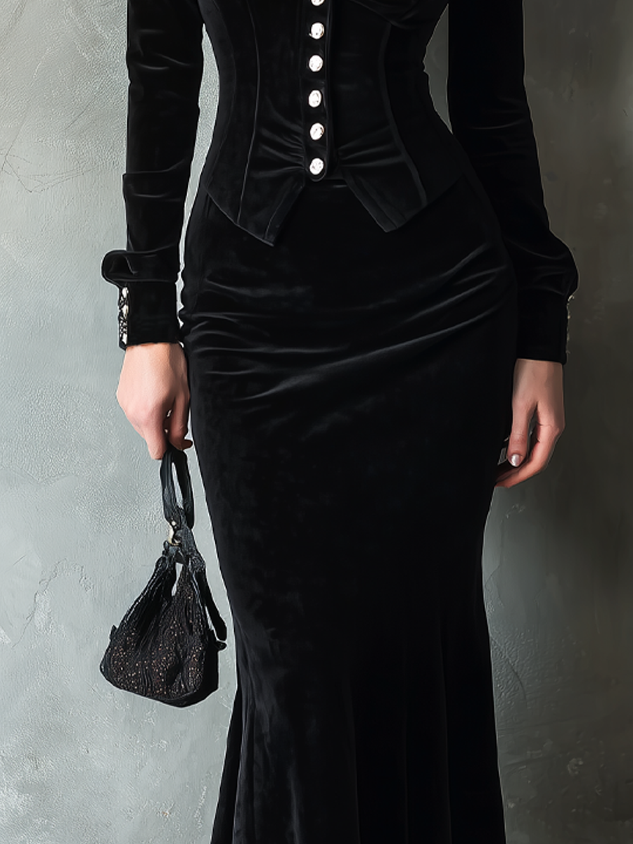 Elegant Fitted Waist Velvet Shirt And Fishtail Skirt Set - Fashionpara