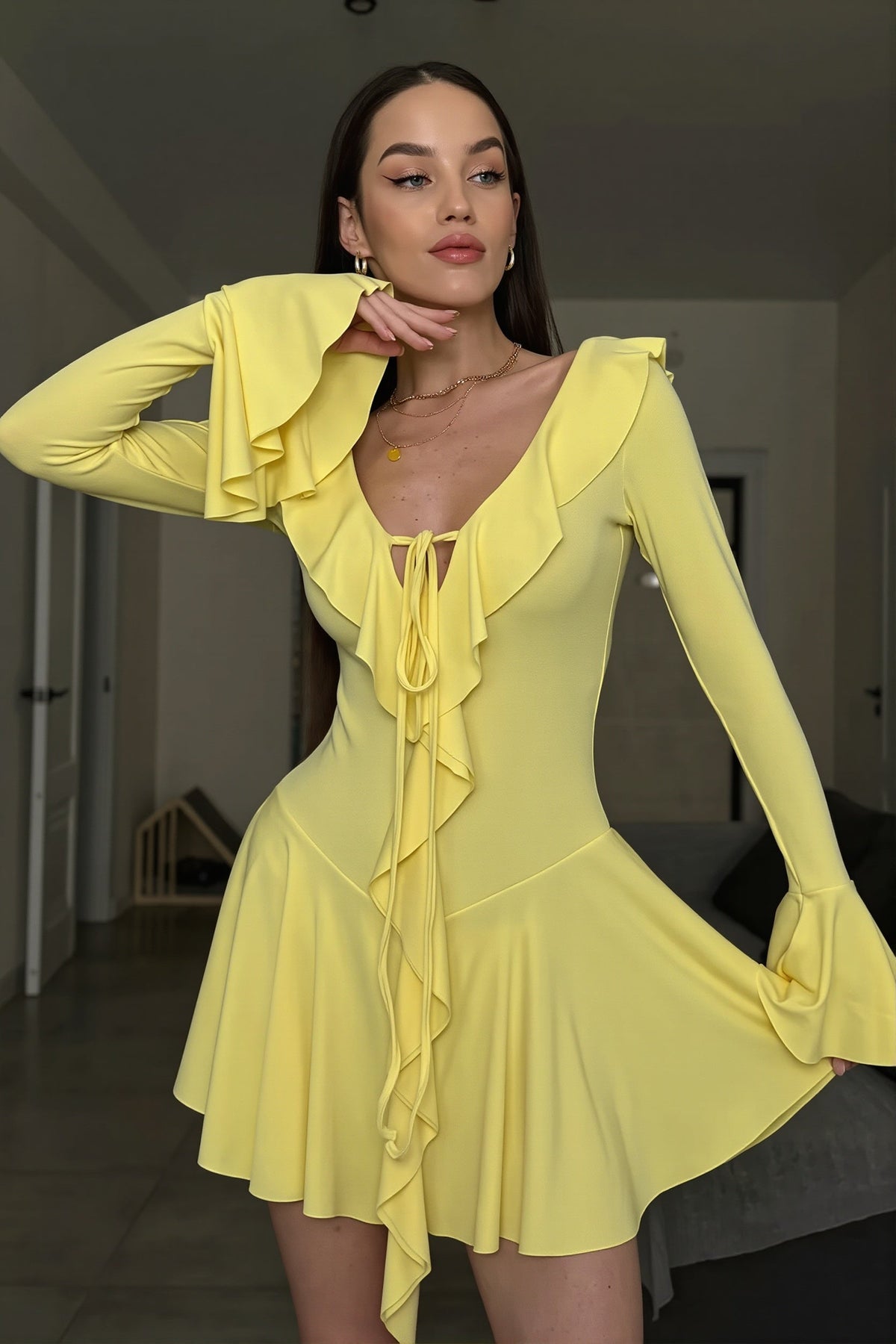 Ruffle Trim V-Neck Long Sleeve Flared Mini Dress