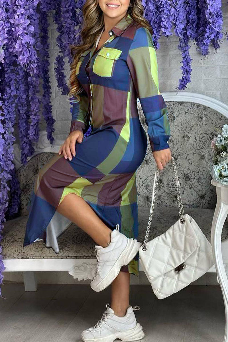 Casual Striped Print Patchwork Buckle Turndown Collar Shirt Dress Dresses Fashionpara