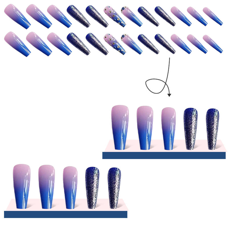 24pcs Long Coffin Rhinestone Decor Gradient Fake Nail & 1sheet Tape