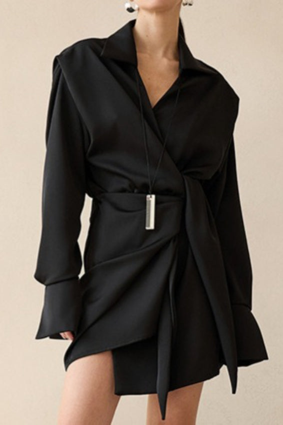 Collared Long Sleeve Wrap Tie Satin Mini Shirt Dress 5
