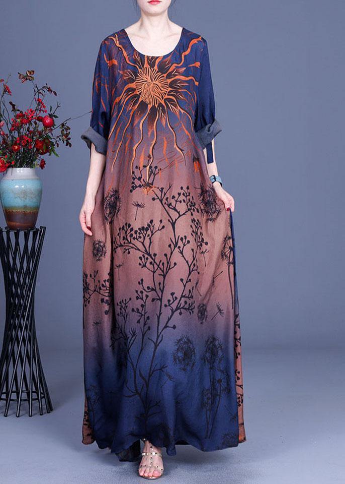 Sunburst Botanical Print Scoop Neck Three Quarter Maxi Dress