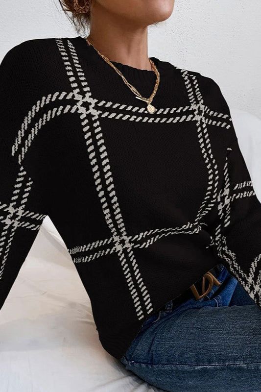 Plaid Crew Neck Relaxed Sweater 7