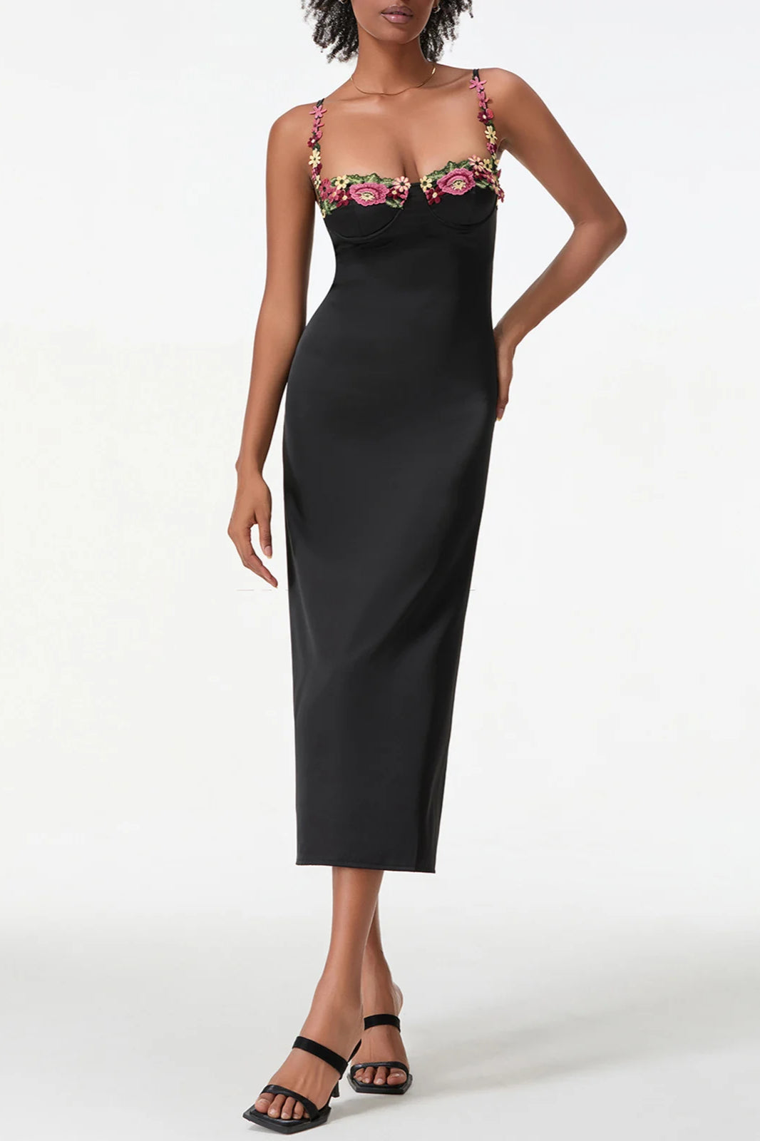 Satin Sweetheart Spaghetti Strap Floral Embroidery Bodycon Midi Dress - View 5