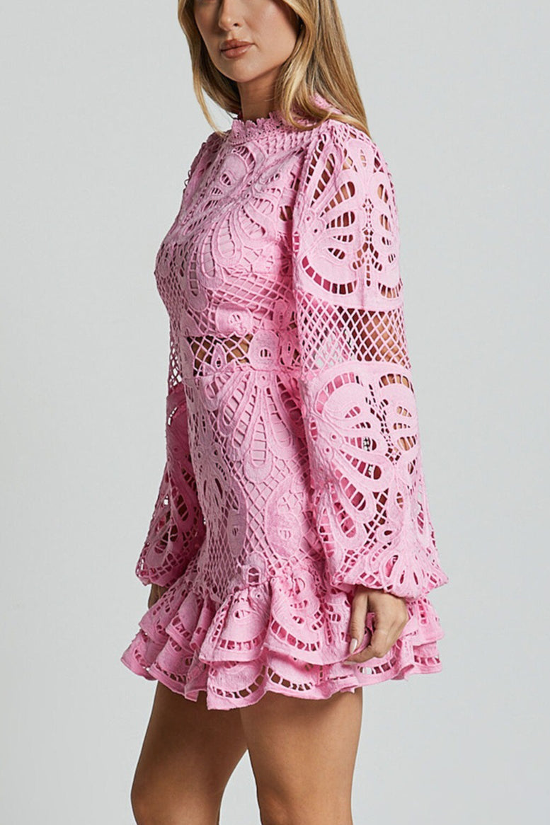 Lace High Neck Long Sleeve Fit and Flare Mini Dress