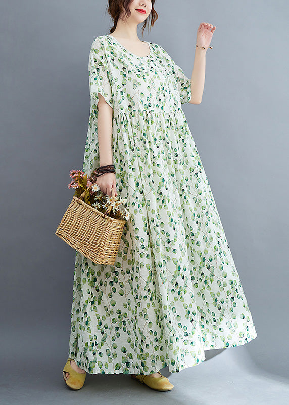 Leaf Print Round Neck Short Sleeve Empire Waist Oversized Maxi Dress - View 3