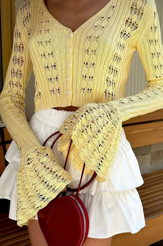 Hollow Out Knit V Neck Long Sleeve Cardigan 16