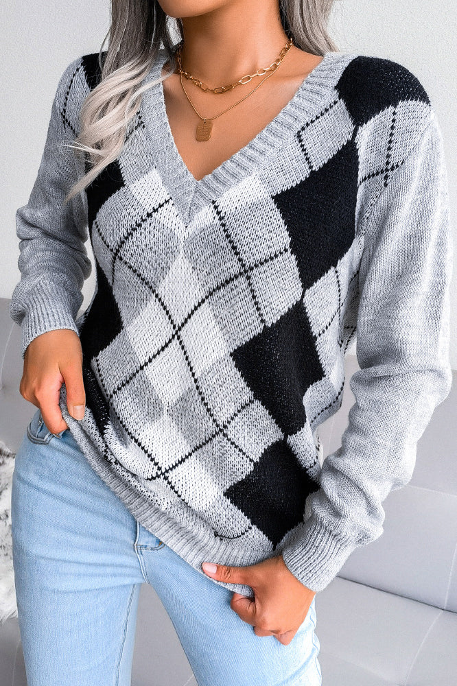 Argyle V-Neck Knit Pullover Sweater 19