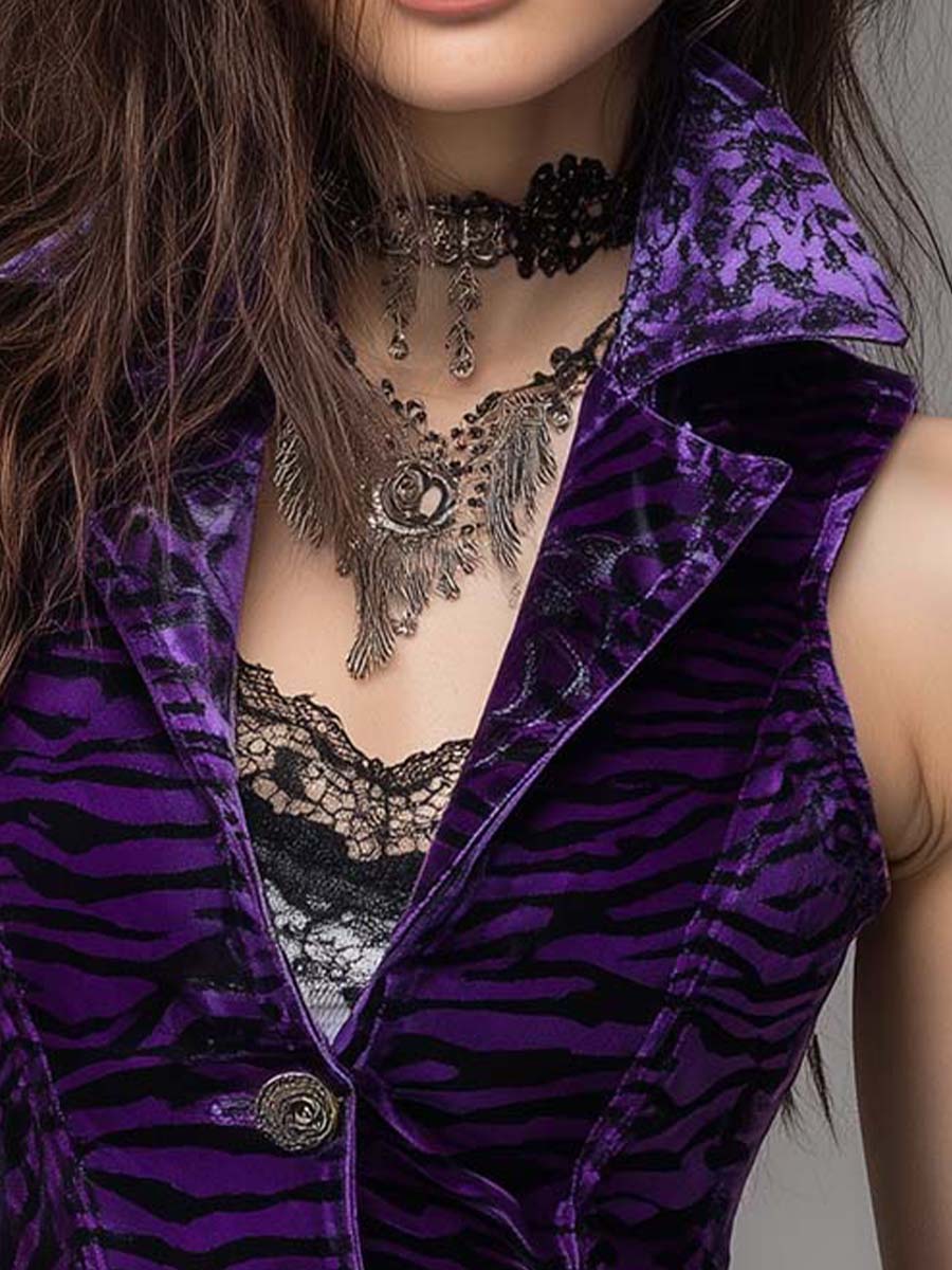 Vintage Animal Print Purple Velvet Bodycon Tank Top - Fashionpara