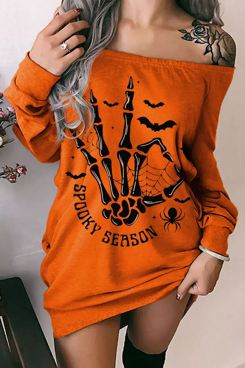 Halloween Spooky Season Skeleton Hand Spider Bat Sweatshirt Dress - Fashionpara