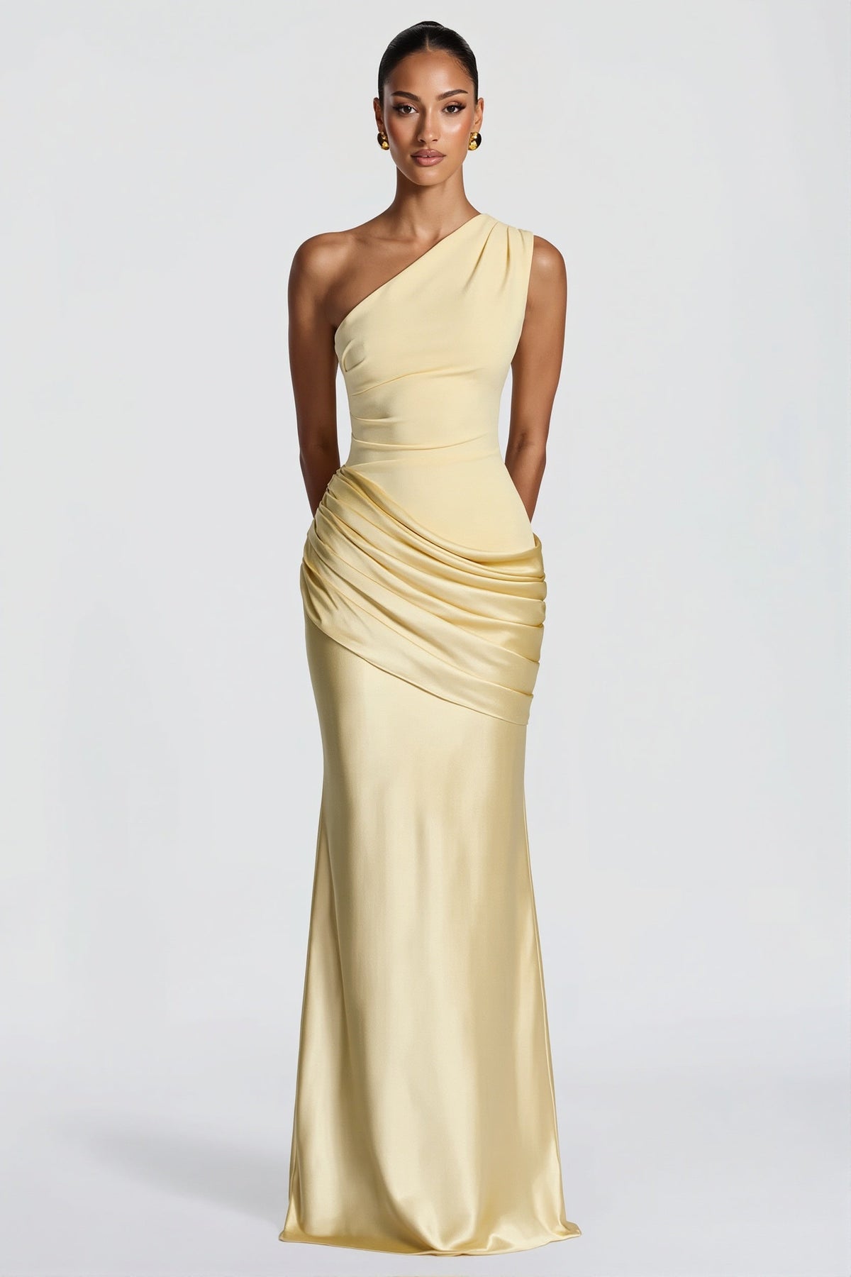 One Shoulder Draped Satin Fishtail Maxi Gown 7