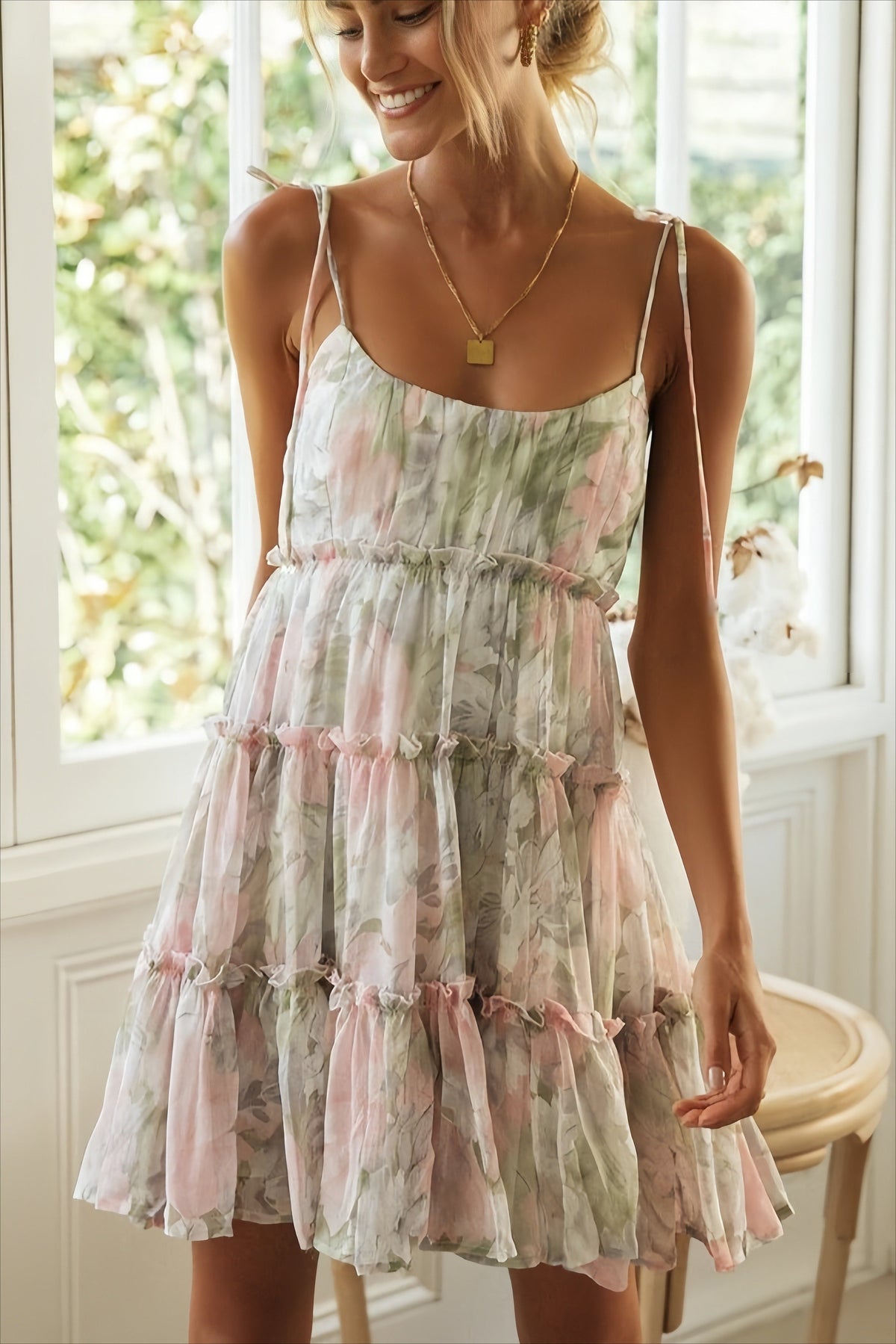 Floral Chiffon Square Neck Tiered Babydoll Mini Dress 8