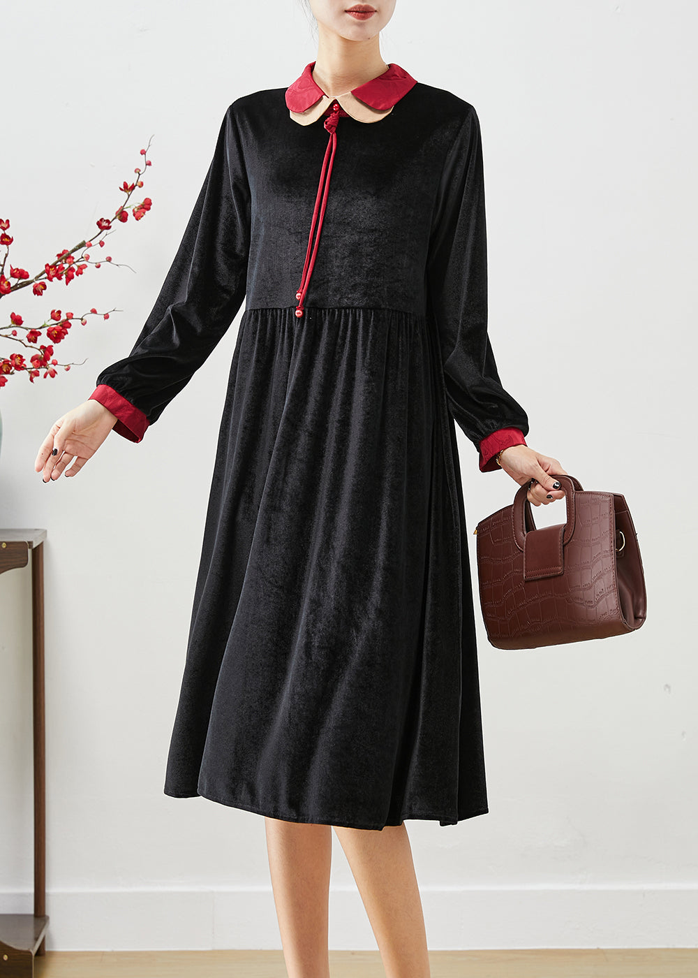 Velvet Peter Pan Collar Contrast Cuff Tie Neck Midi Dress