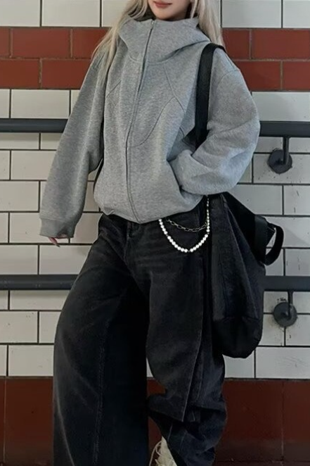 Slouchy Vintage Double Zip Hooded Stand Collar Loose Hoodie