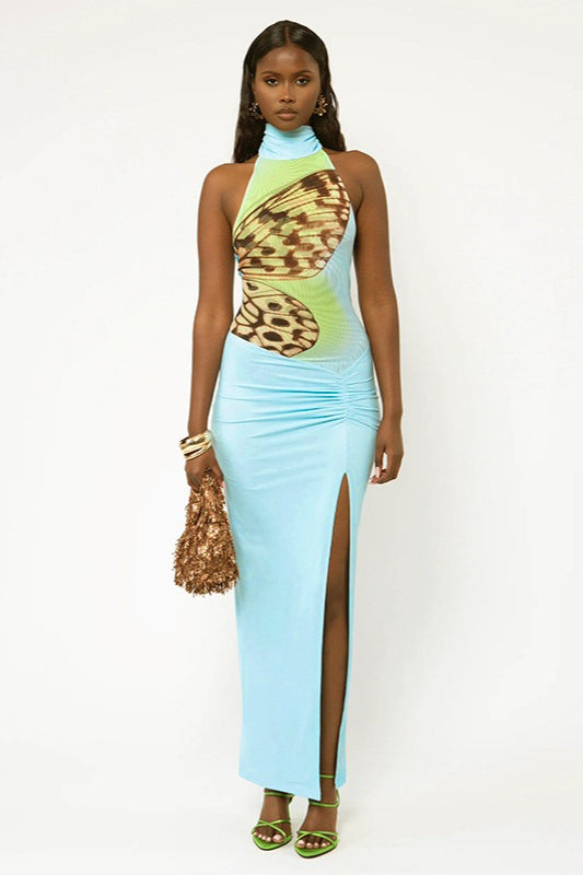 Butterfly Print High Neck Slit Mermaid Maxi Dress