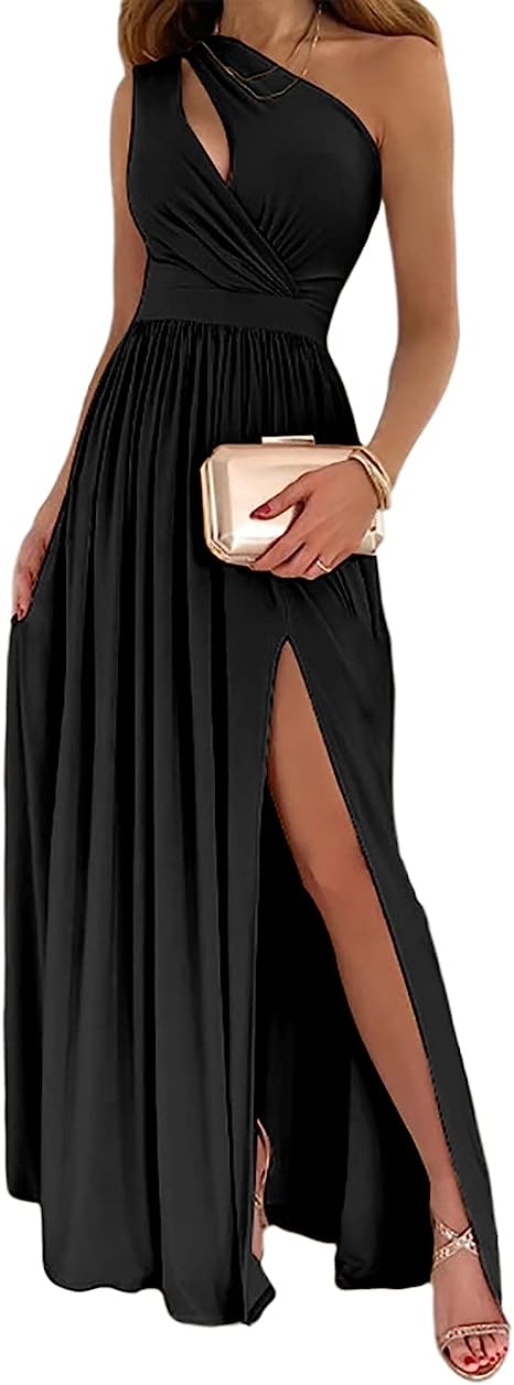 One Shoulder Keyhole Cut Out Pleated High Split Formal Maxi Gown - View 3