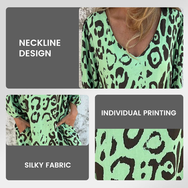 Leopard Print V-Neck Puff Sleeve Pocket Midi Dress 8