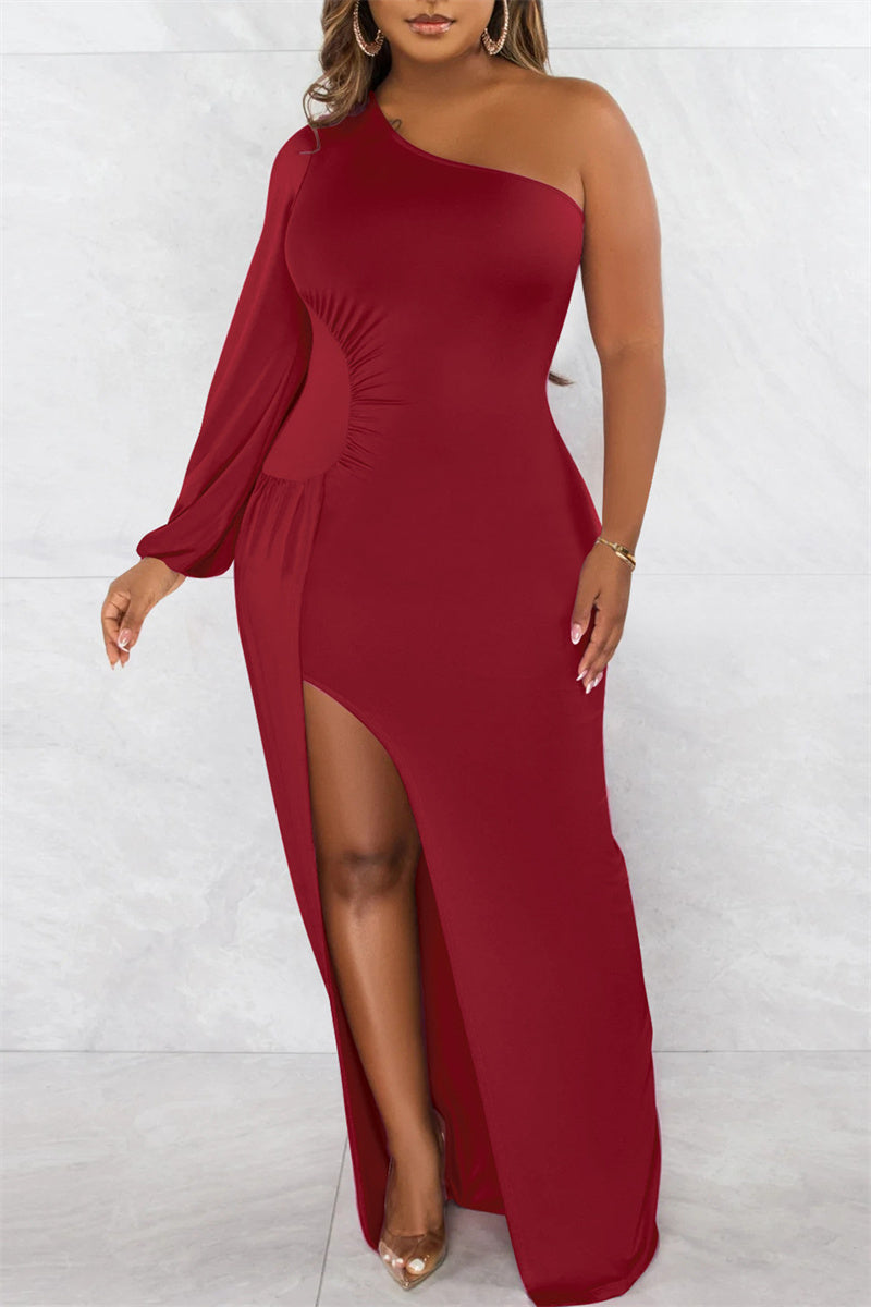Sexy Formal Solid Backless Slit Oblique Collar Long Sleeve Dresses  Fashionpara