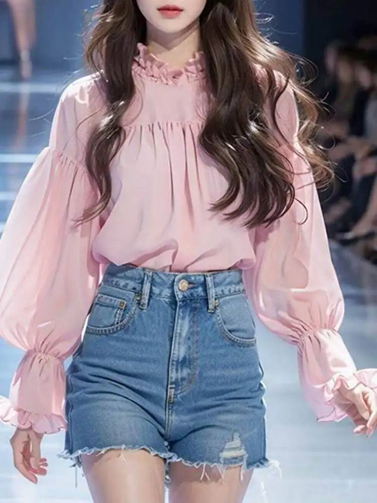 Lantern Sleeve Solid Stand Collar Blouse