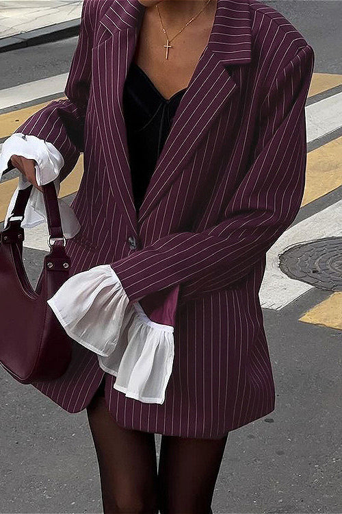 Lace Striped Flared Sleeve Blazer Coat for Elegant Style