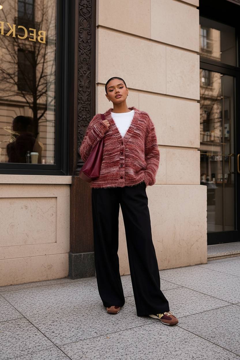 New Retro Fashion Deep V-Neck Maillard Plush Long-Sleeve Knit Cardigan - Fashionpara