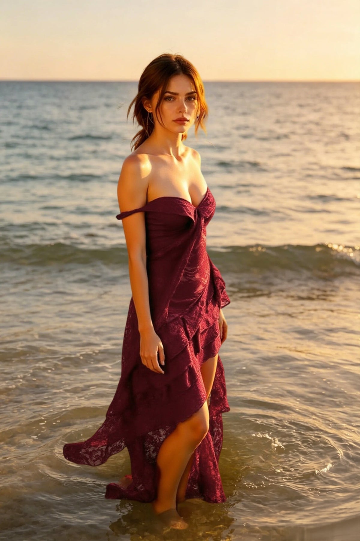Lace Off Shoulder Ruffle High Low Maxi Dress 2