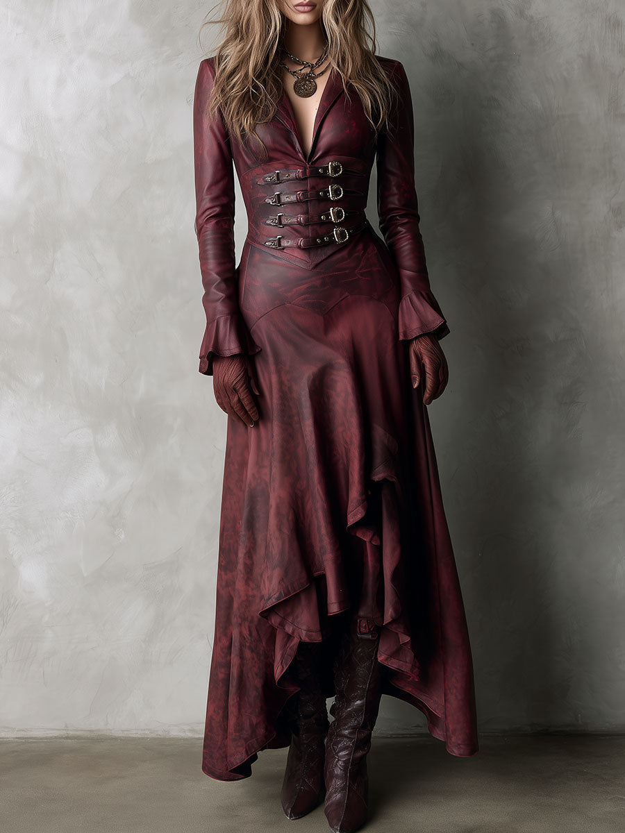 High-Low Burgundy Eco Leather Long Coat Dress With Buckle Corset Waist - Fashionpara