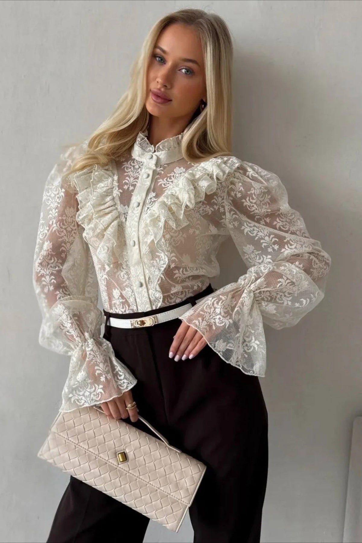 Ruffle Trim Sheer Lace Blouse