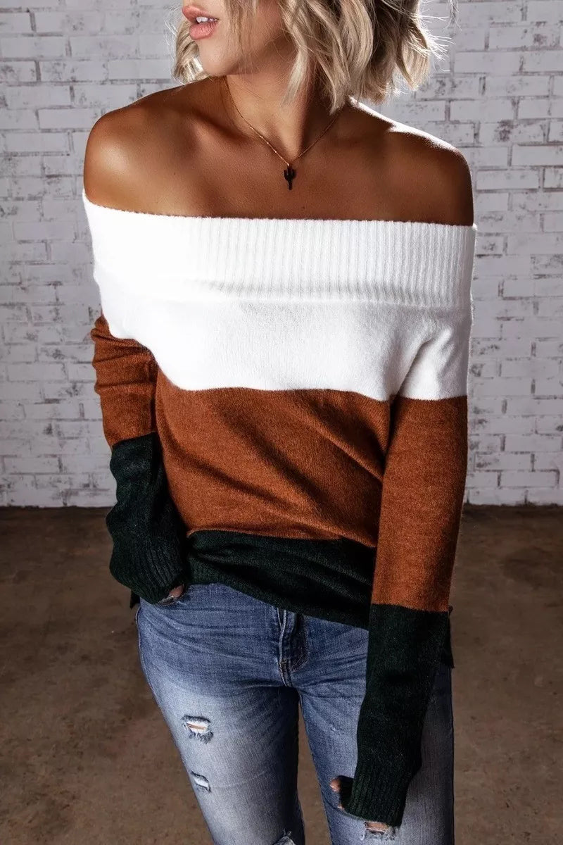 Dew Shoulder Striped Sweater  Fashionpara