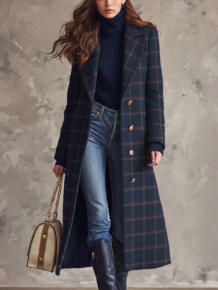 Retro Metal Button Plaid Long Coat - Fashionpara